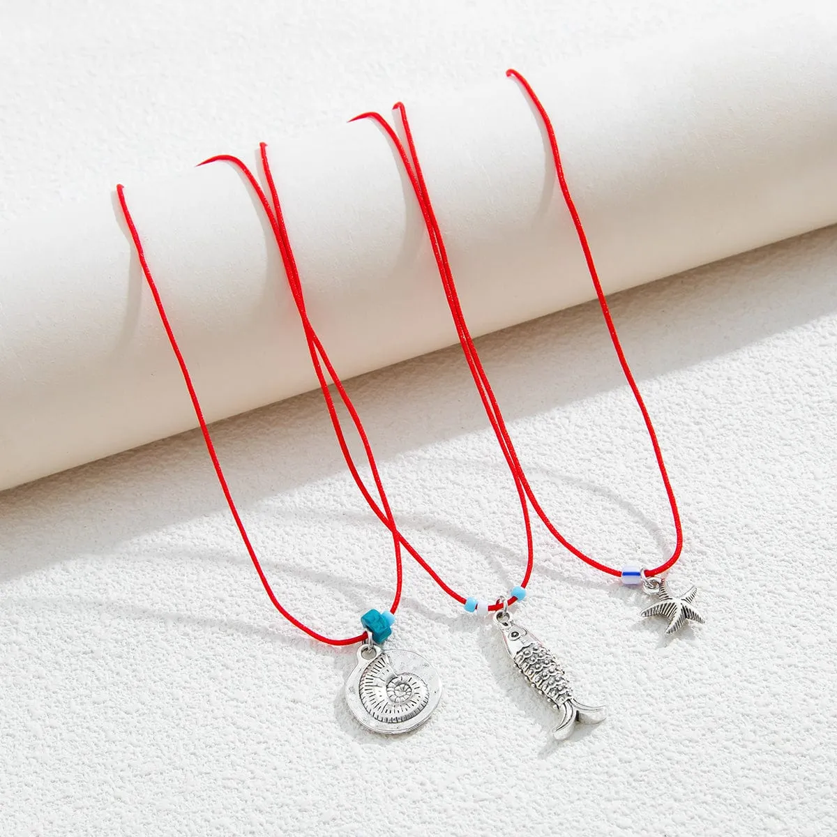 Stylish 3Pcs Shell Fish Starfish Pendant Jade Cord Necklace Set