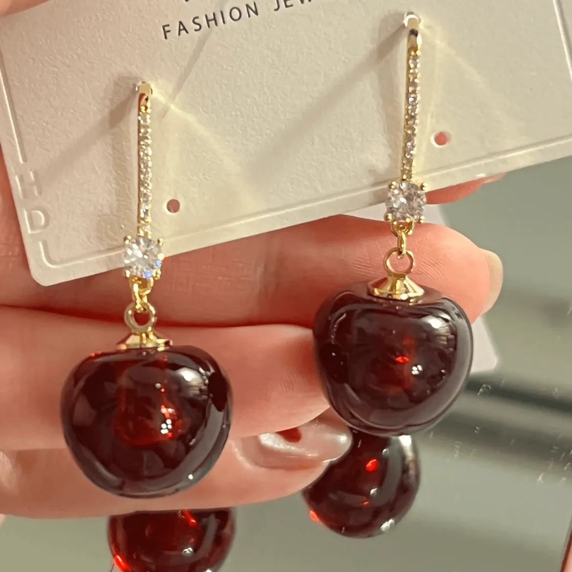 Stylish Red Cherry Dangle CZ Inliad Earrings