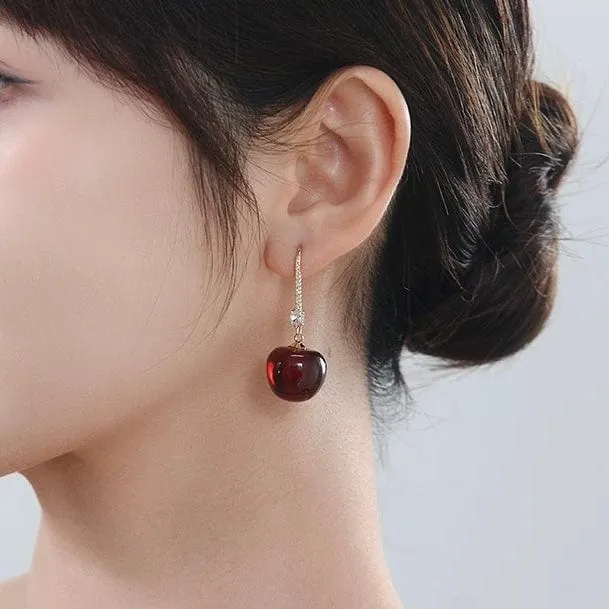 Stylish Red Cherry Dangle CZ Inliad Earrings