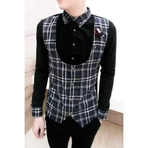 Stylish Shirt Collar Slimming Faux Twinset Plaid Design Long Sleeve Thicken Cotton Blend Shirt For Men - Blue L