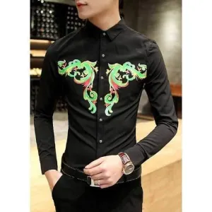 Stylish Slimming Colorful Totem Print Shirt Collar Long Sleeves Shirt For Men - Black L