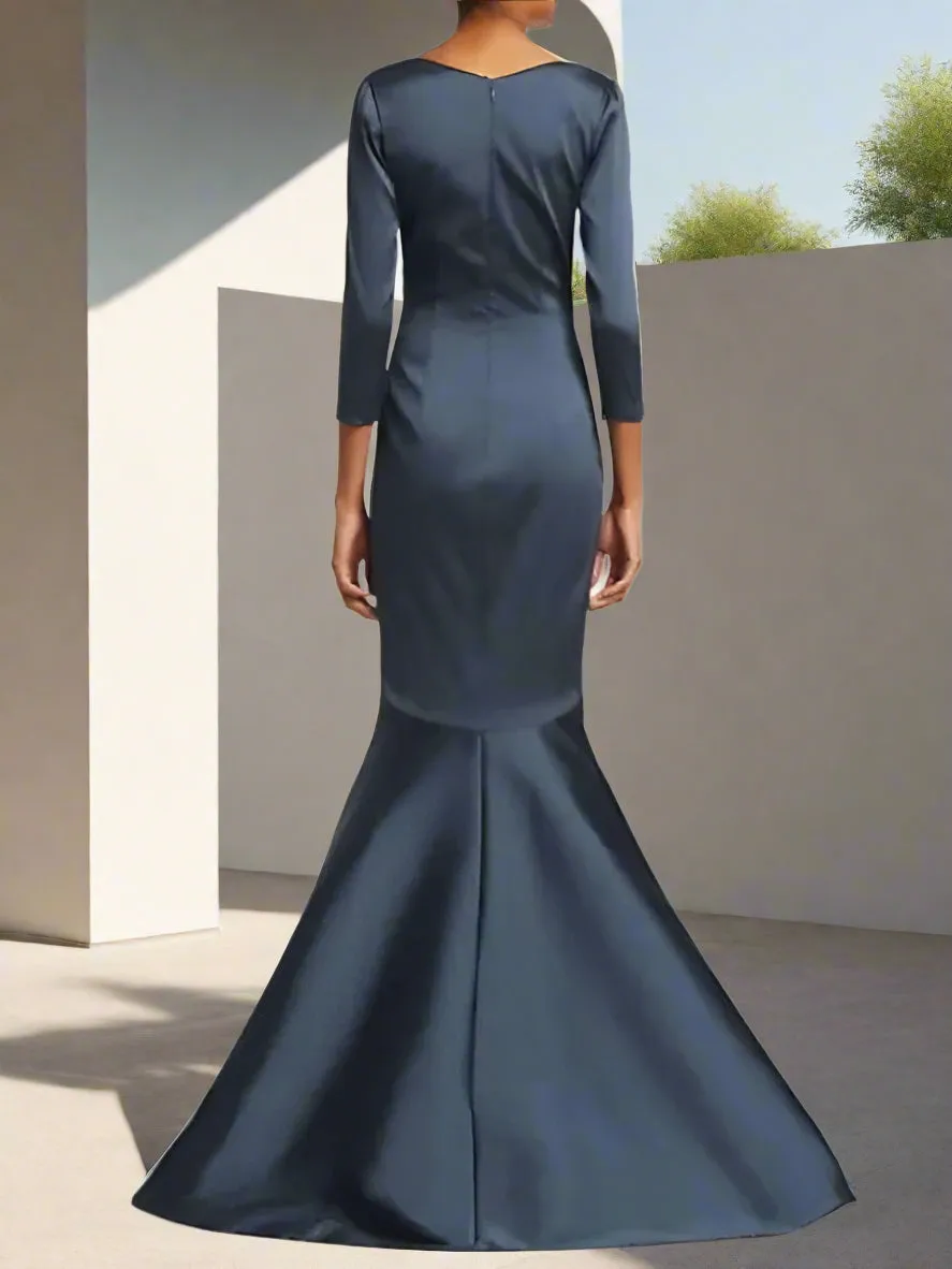 Sweep Train Dark Navy Satin Mermaid Wedding Party Dress