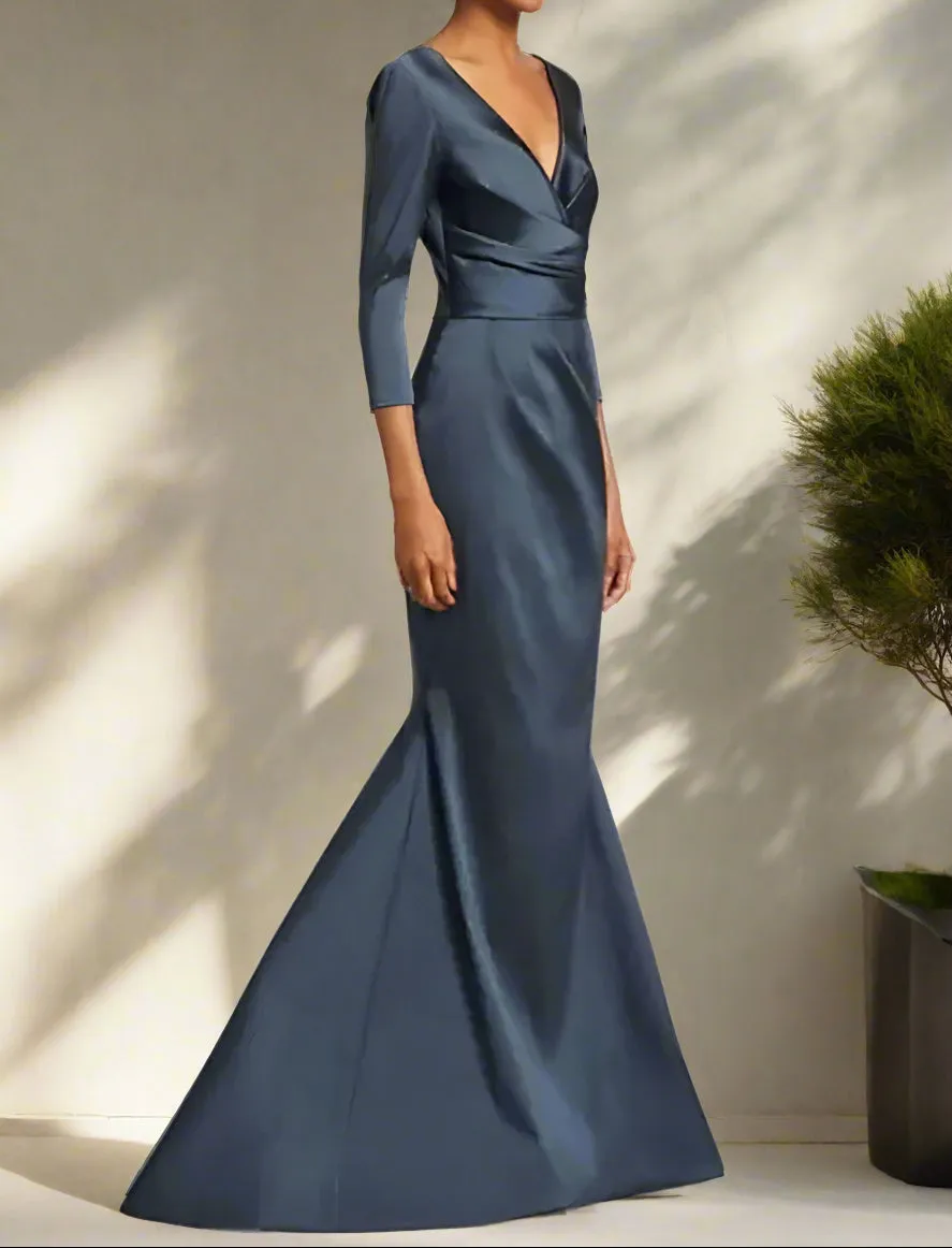 Sweep Train Dark Navy Satin Mermaid Wedding Party Dress
