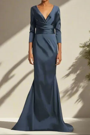 Sweep Train Dark Navy Satin Mermaid Wedding Party Dress