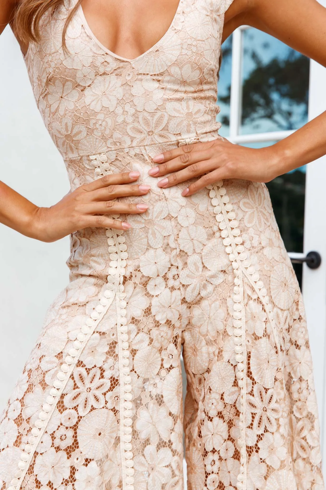 Take Note Laced-Back Frill Shoulder Lace Jumpsuit Nude