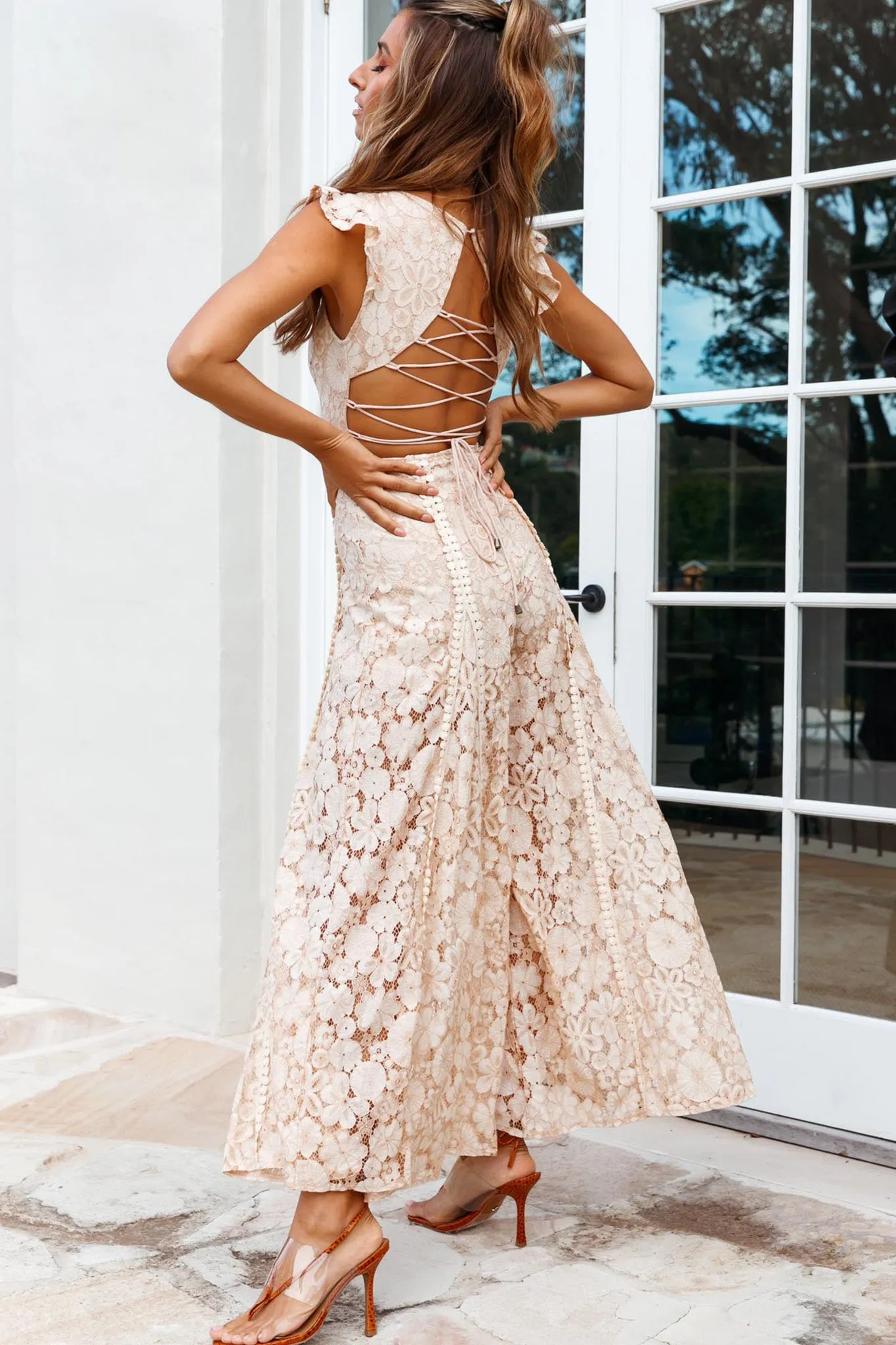 Take Note Laced-Back Frill Shoulder Lace Jumpsuit Nude