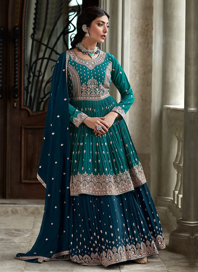 Teal and Blue Heavy Embroidered Stylish Lehenga