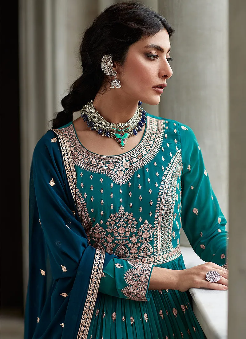Teal and Blue Heavy Embroidered Stylish Lehenga