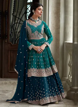 Teal and Blue Heavy Embroidered Stylish Lehenga