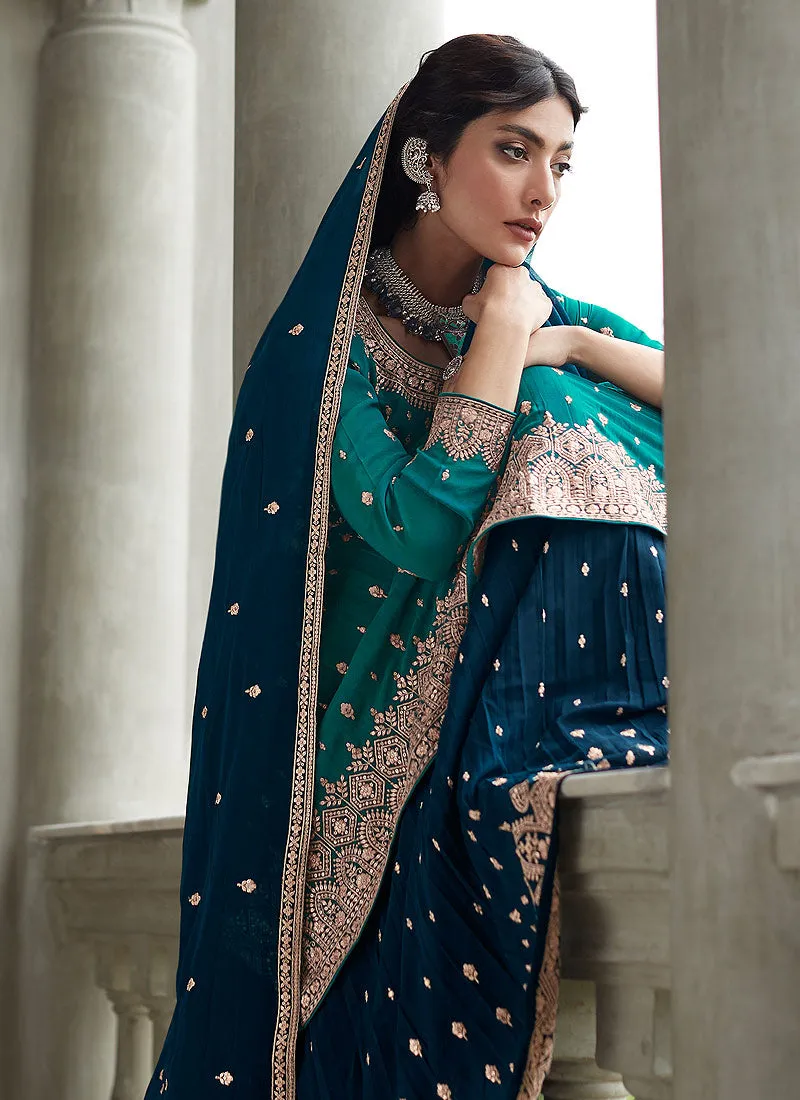 Teal and Blue Heavy Embroidered Stylish Lehenga