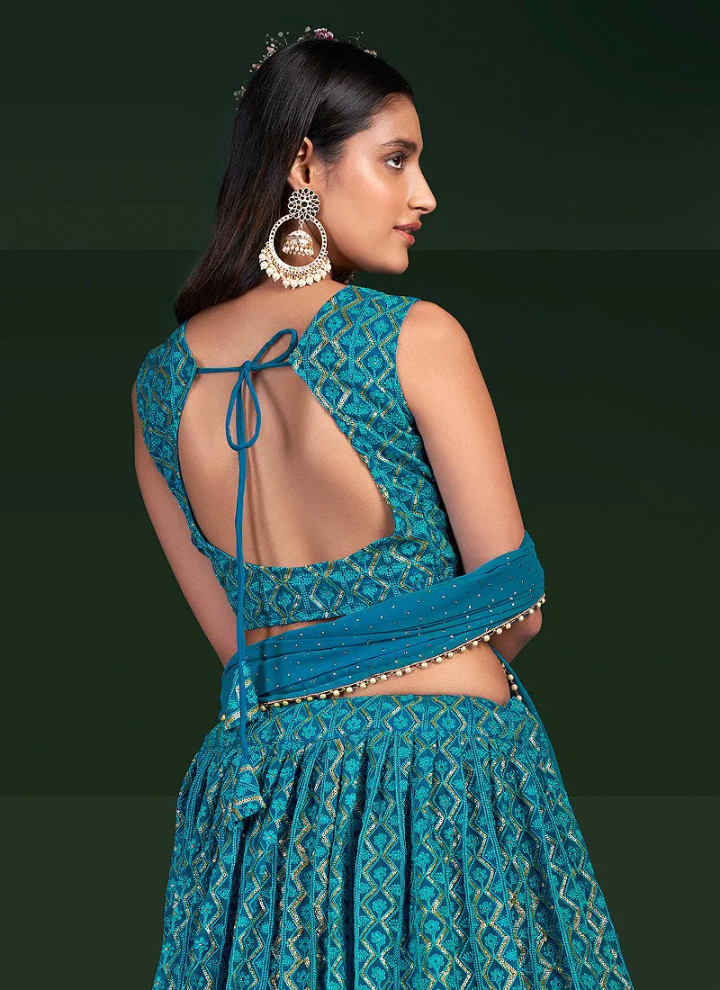 Teal Blue Embroidered Stylish Lehenga Choli