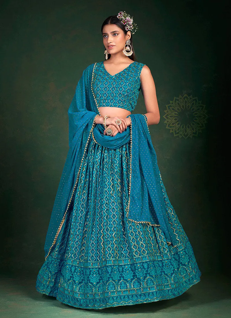 Teal Blue Embroidered Stylish Lehenga Choli