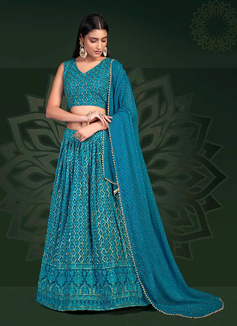 Teal Blue Embroidered Stylish Lehenga Choli