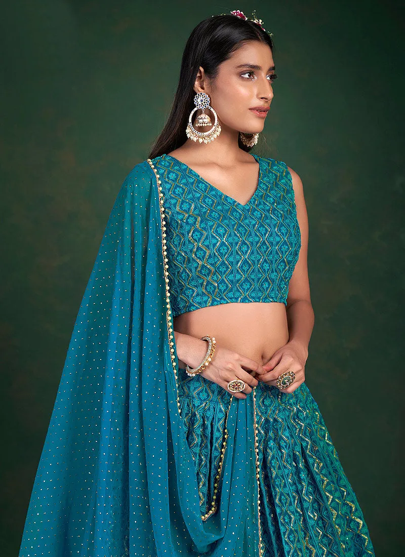 Teal Blue Embroidered Stylish Lehenga Choli