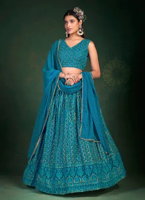 Teal Blue Embroidered Stylish Lehenga Choli