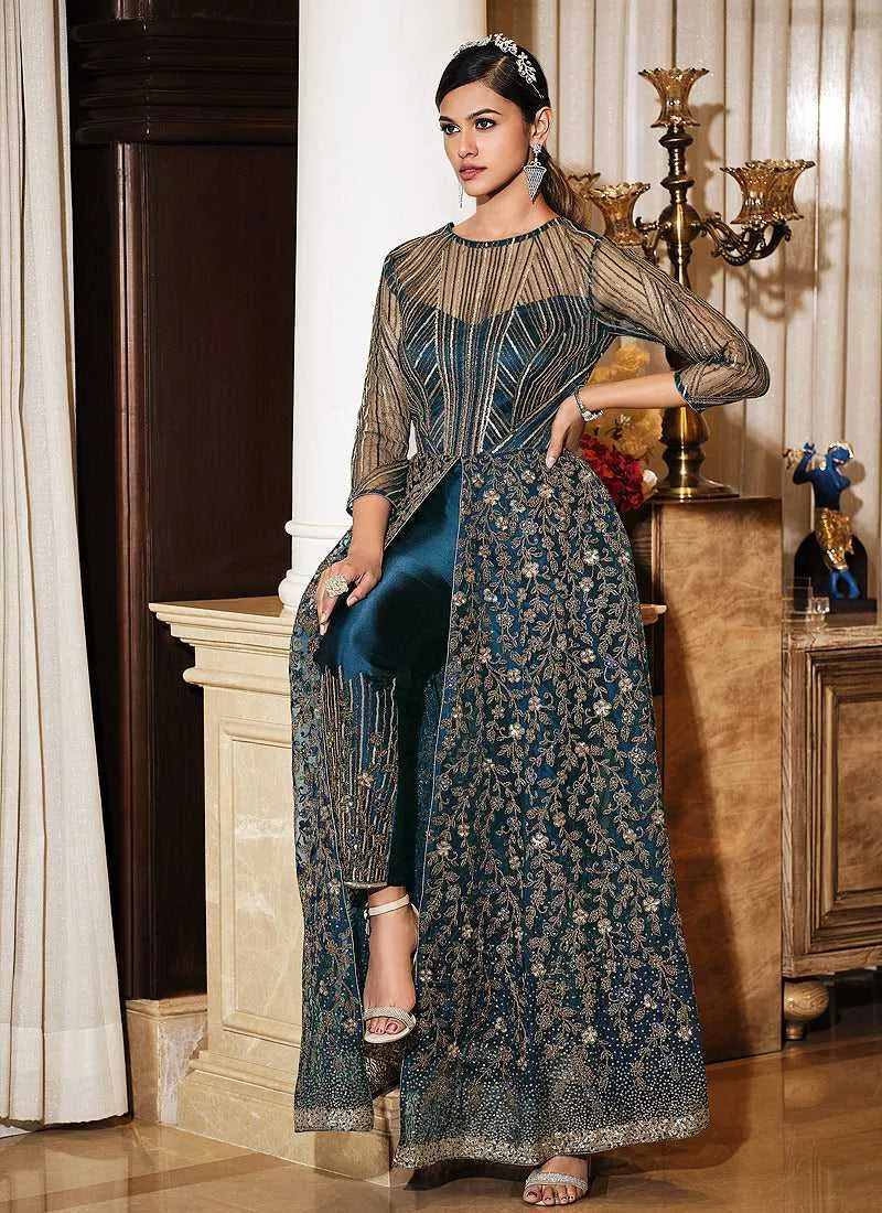 Teal Blue Floral Embroidered Stylish Lehenga/ Pant Style Anarkali