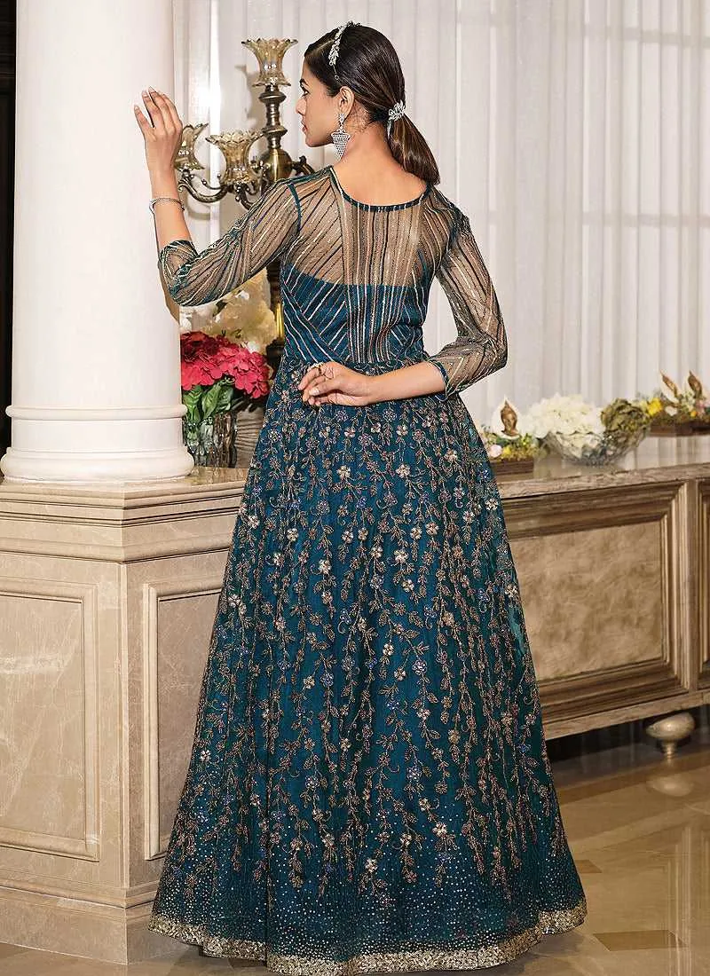 Teal Blue Floral Embroidered Stylish Lehenga/ Pant Style Anarkali