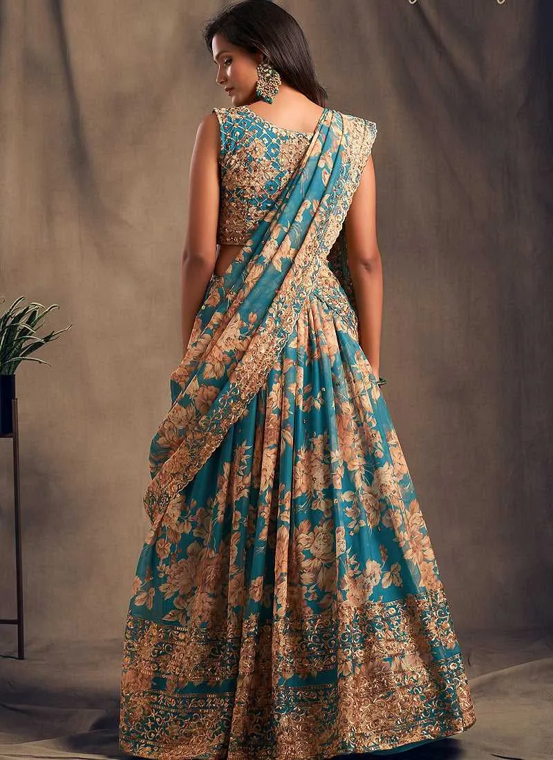 Teal Blue Floral Printed Stylish Embroidered Lehenga Choli