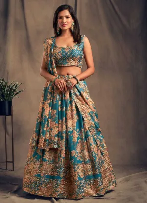 Teal Blue Floral Printed Stylish Embroidered Lehenga Choli