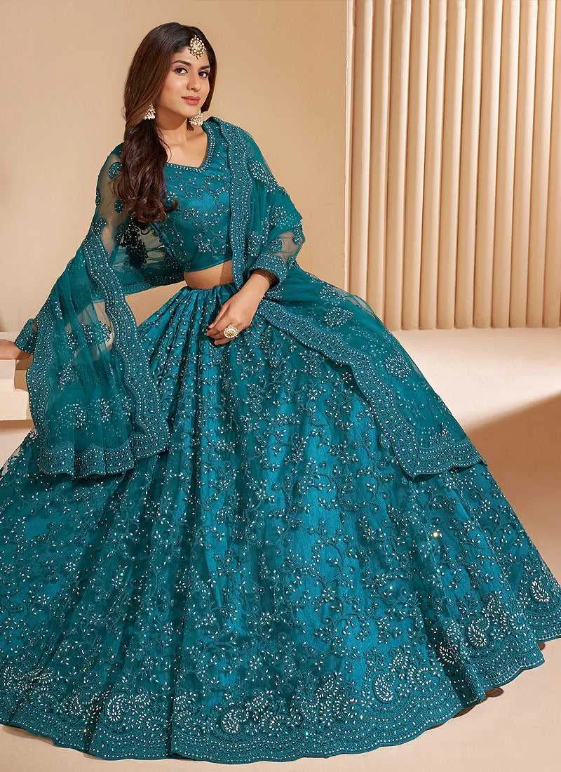 Tempo Teal Floral Embroidered Stylish Lehenga Choli