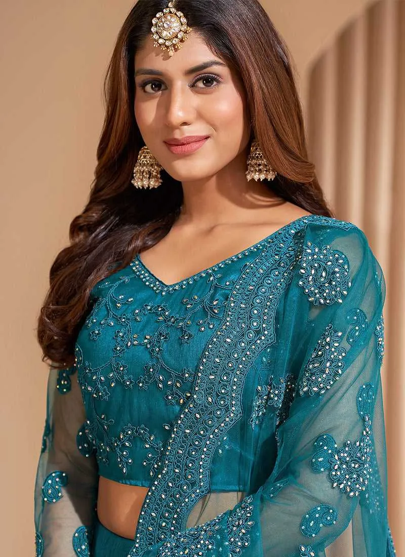 Tempo Teal Floral Embroidered Stylish Lehenga Choli