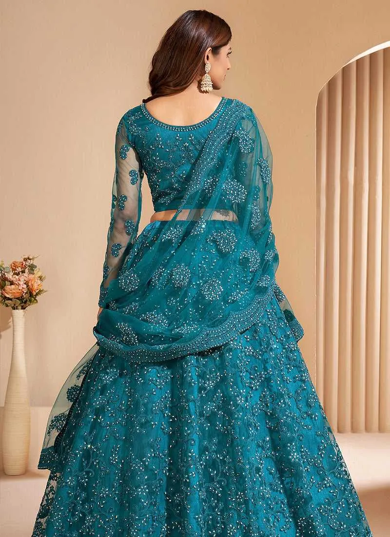 Tempo Teal Floral Embroidered Stylish Lehenga Choli