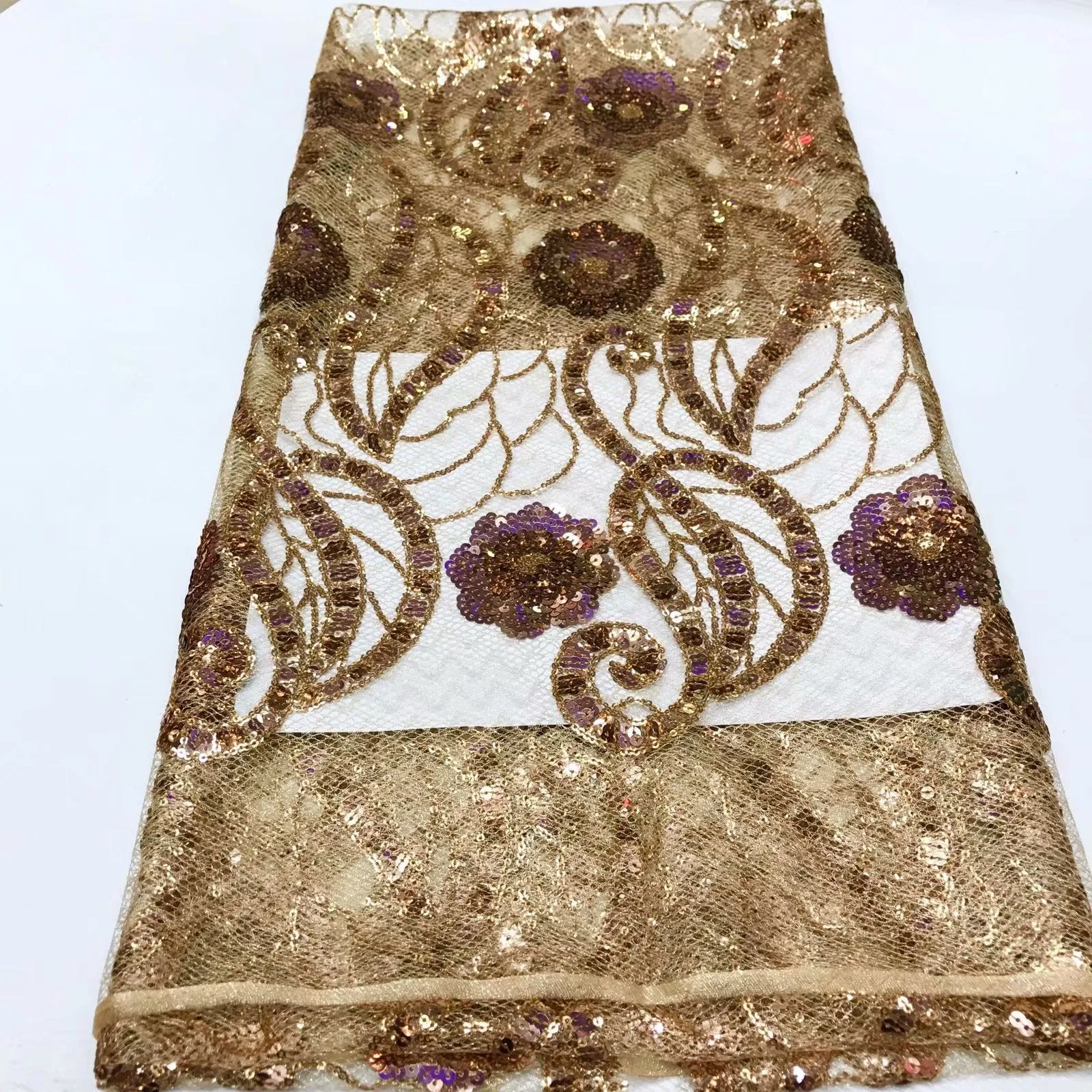 Transparent Golden Colored Embroidery Designed English Silk Cord Laces