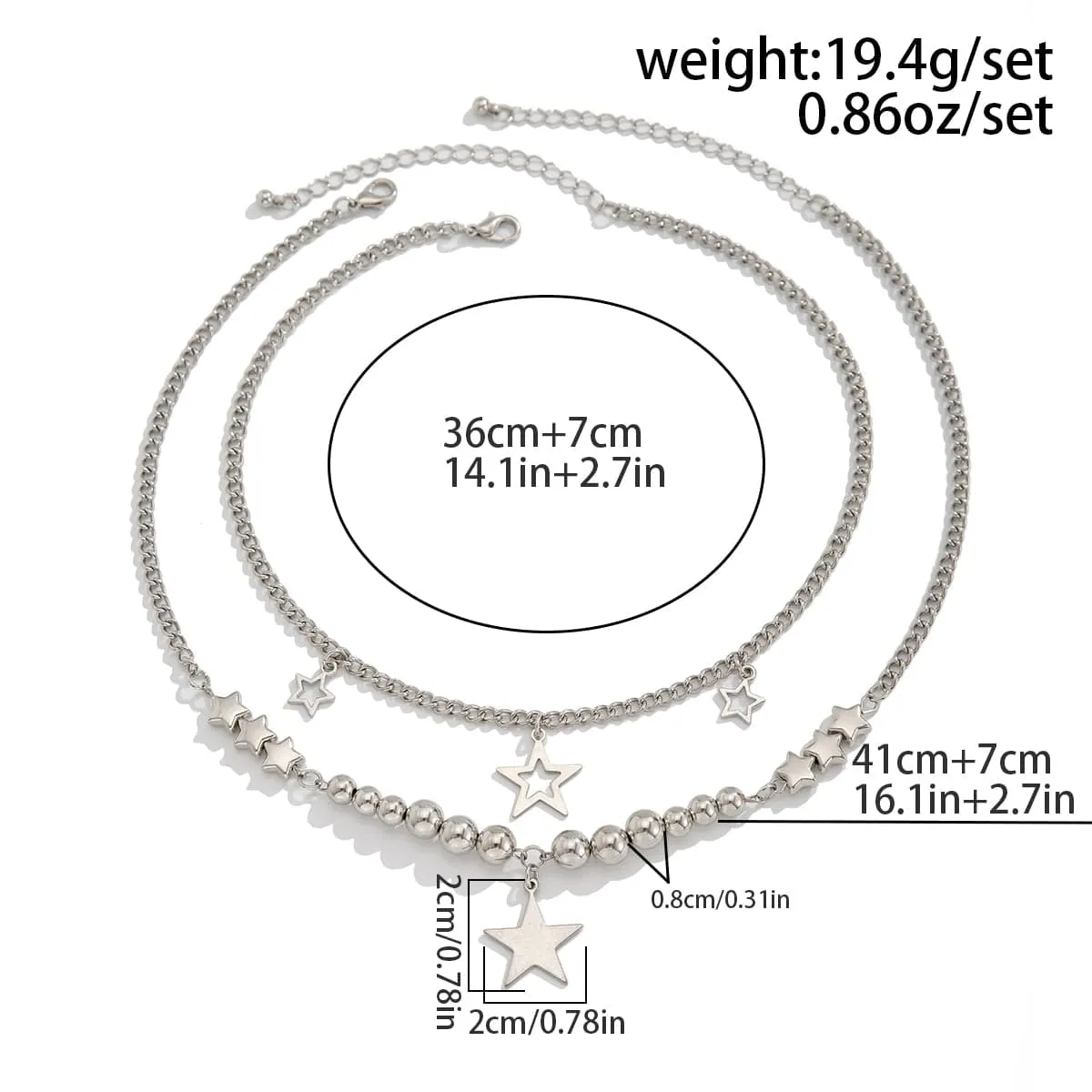 Trendy 2pcs Star Tassel Ball Curb Chain Necklace Set