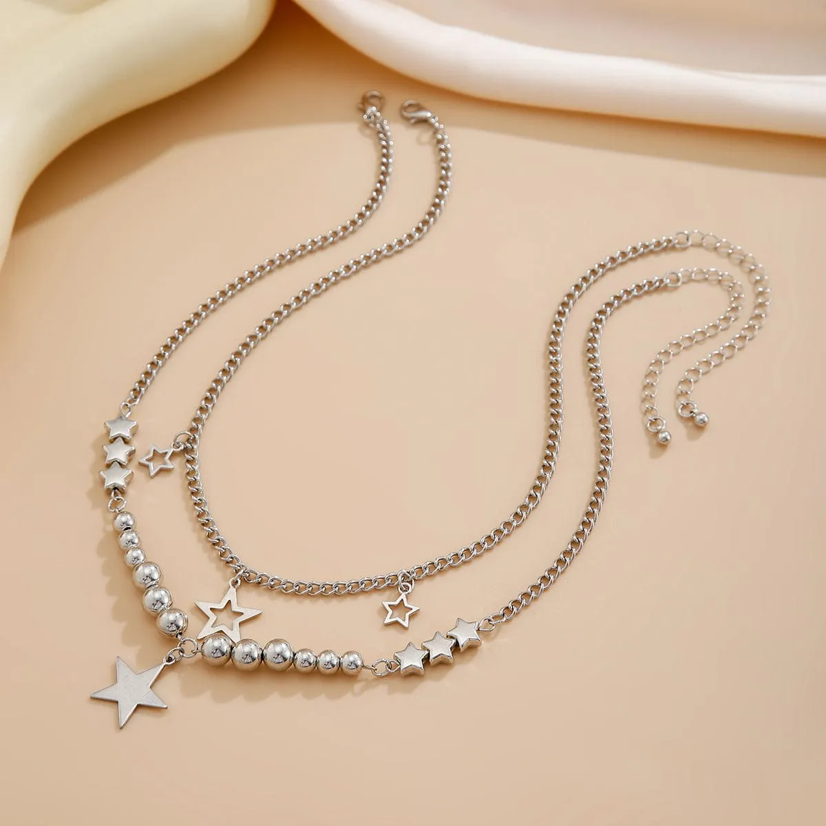 Trendy 2pcs Star Tassel Ball Curb Chain Necklace Set