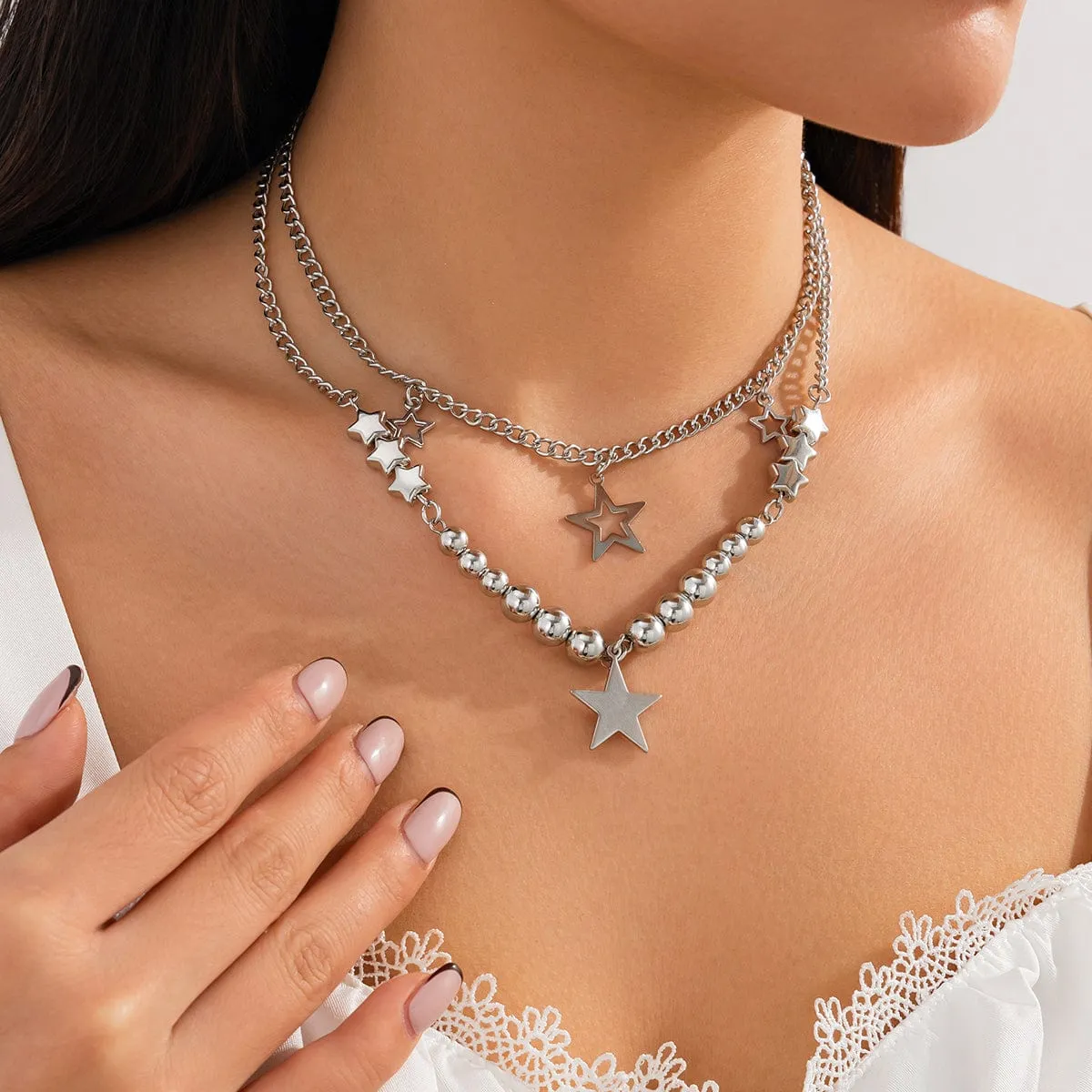 Trendy 2pcs Star Tassel Ball Curb Chain Necklace Set