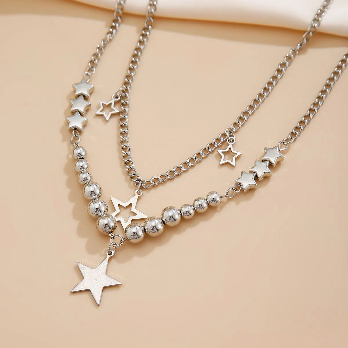 Trendy 2pcs Star Tassel Ball Curb Chain Necklace Set