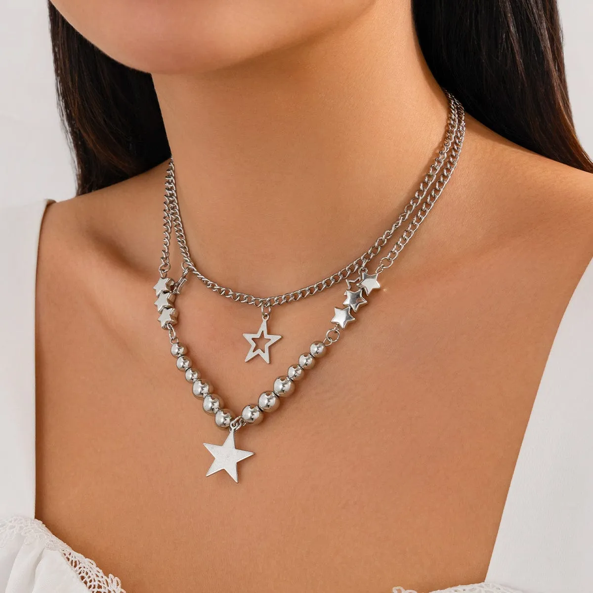 Trendy 2pcs Star Tassel Ball Curb Chain Necklace Set