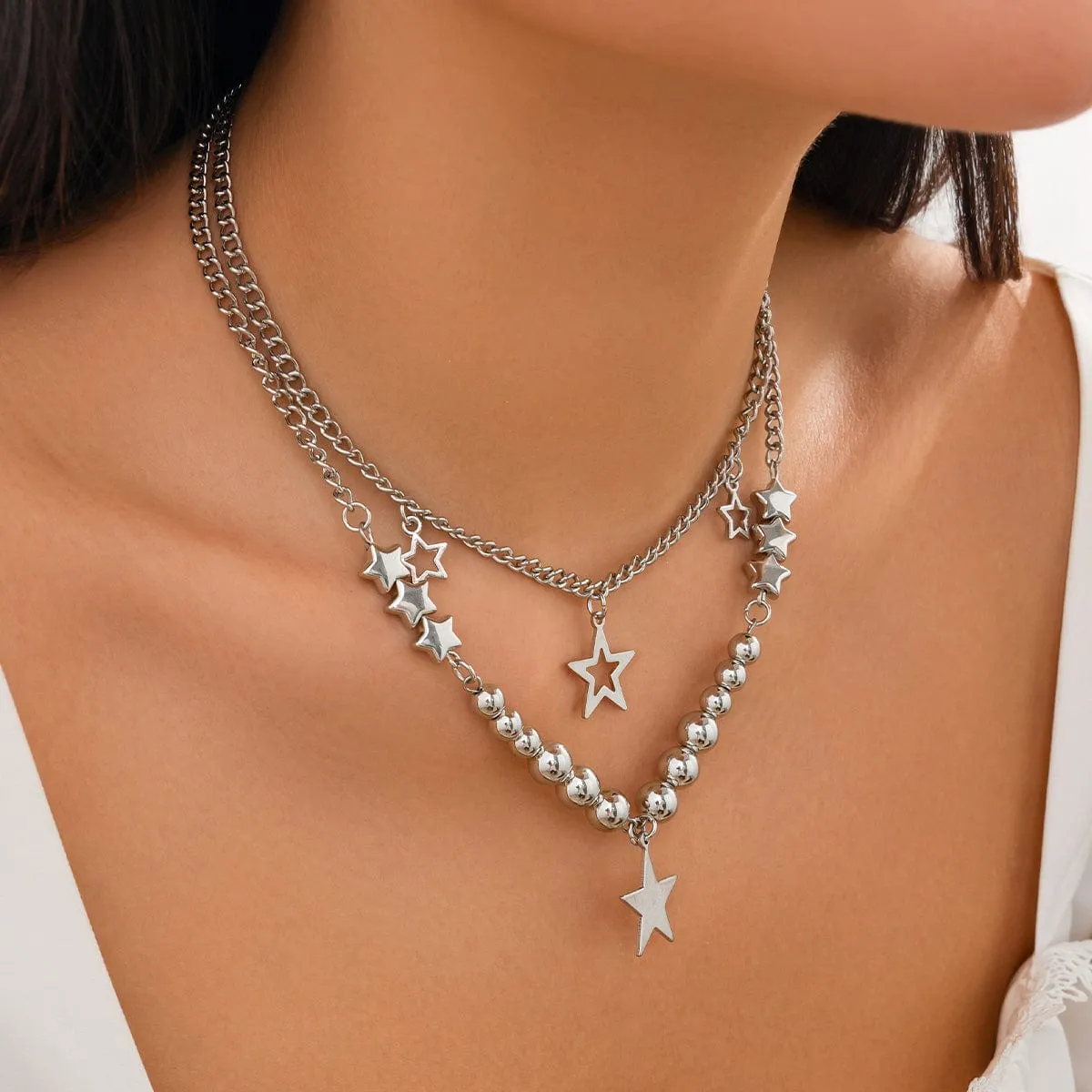 Trendy 2pcs Star Tassel Ball Curb Chain Necklace Set