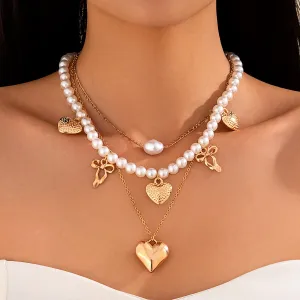 Trendy 3pcs Bowknot Heart Pendant Pearl Chain Necklace Set