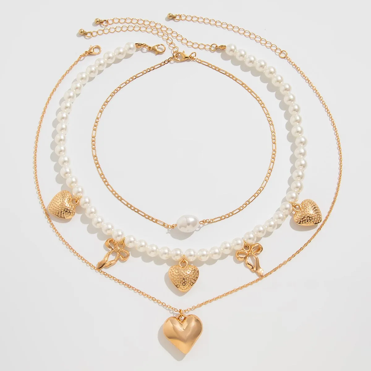 Trendy 3pcs Bowknot Heart Pendant Pearl Chain Necklace Set