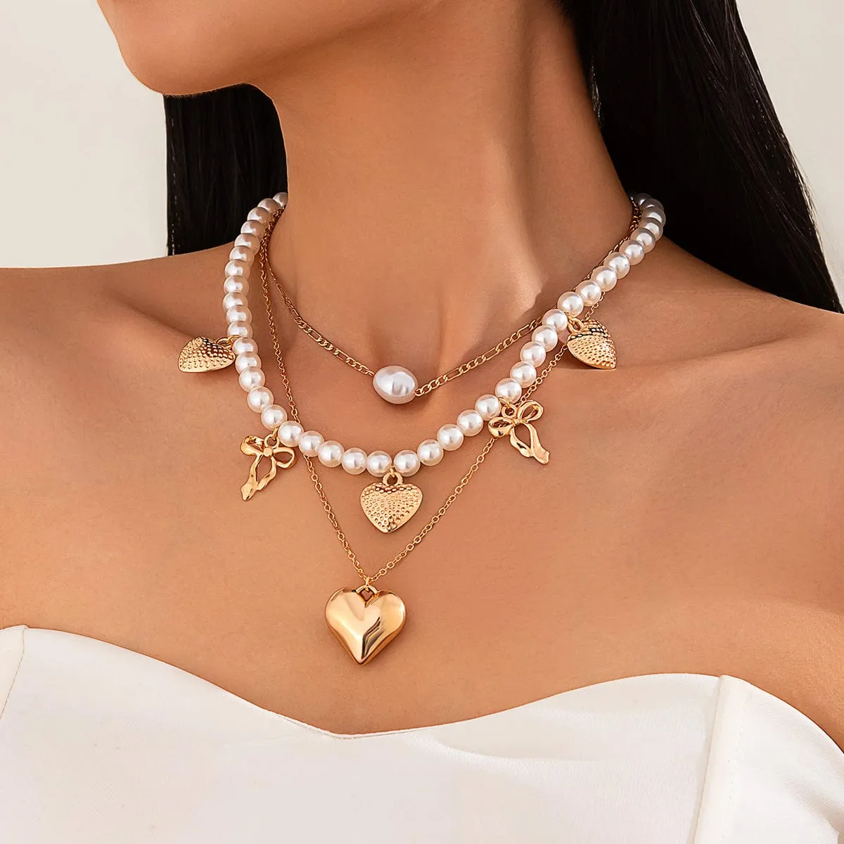 Trendy 3pcs Bowknot Heart Pendant Pearl Chain Necklace Set