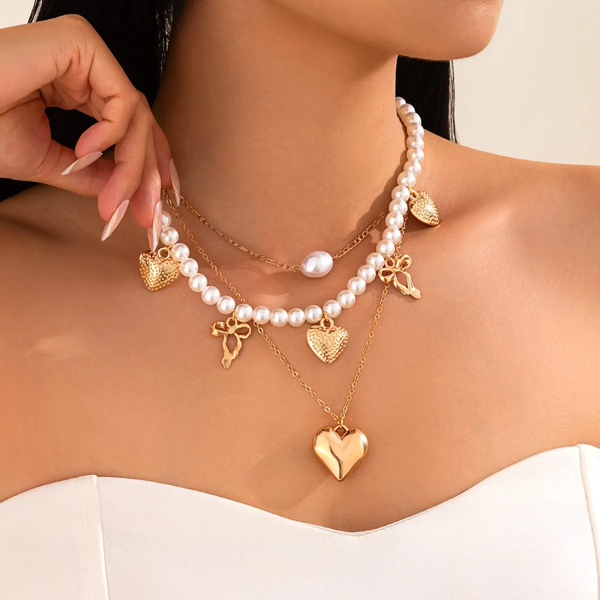 Trendy 3pcs Bowknot Heart Pendant Pearl Chain Necklace Set