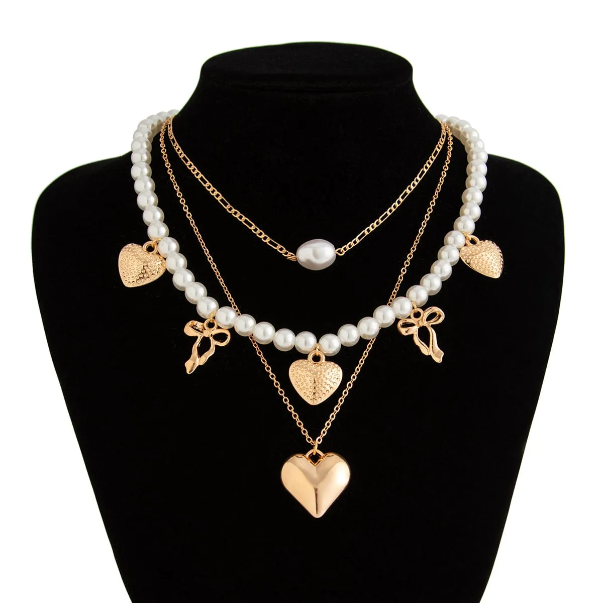 Trendy 3pcs Bowknot Heart Pendant Pearl Chain Necklace Set