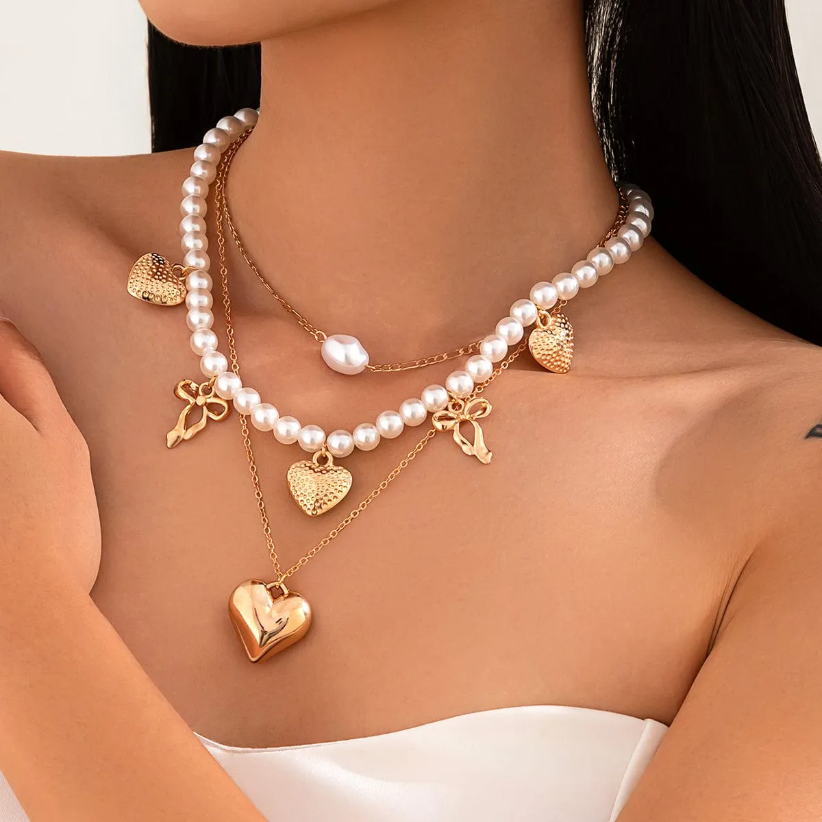 Trendy 3pcs Bowknot Heart Pendant Pearl Chain Necklace Set