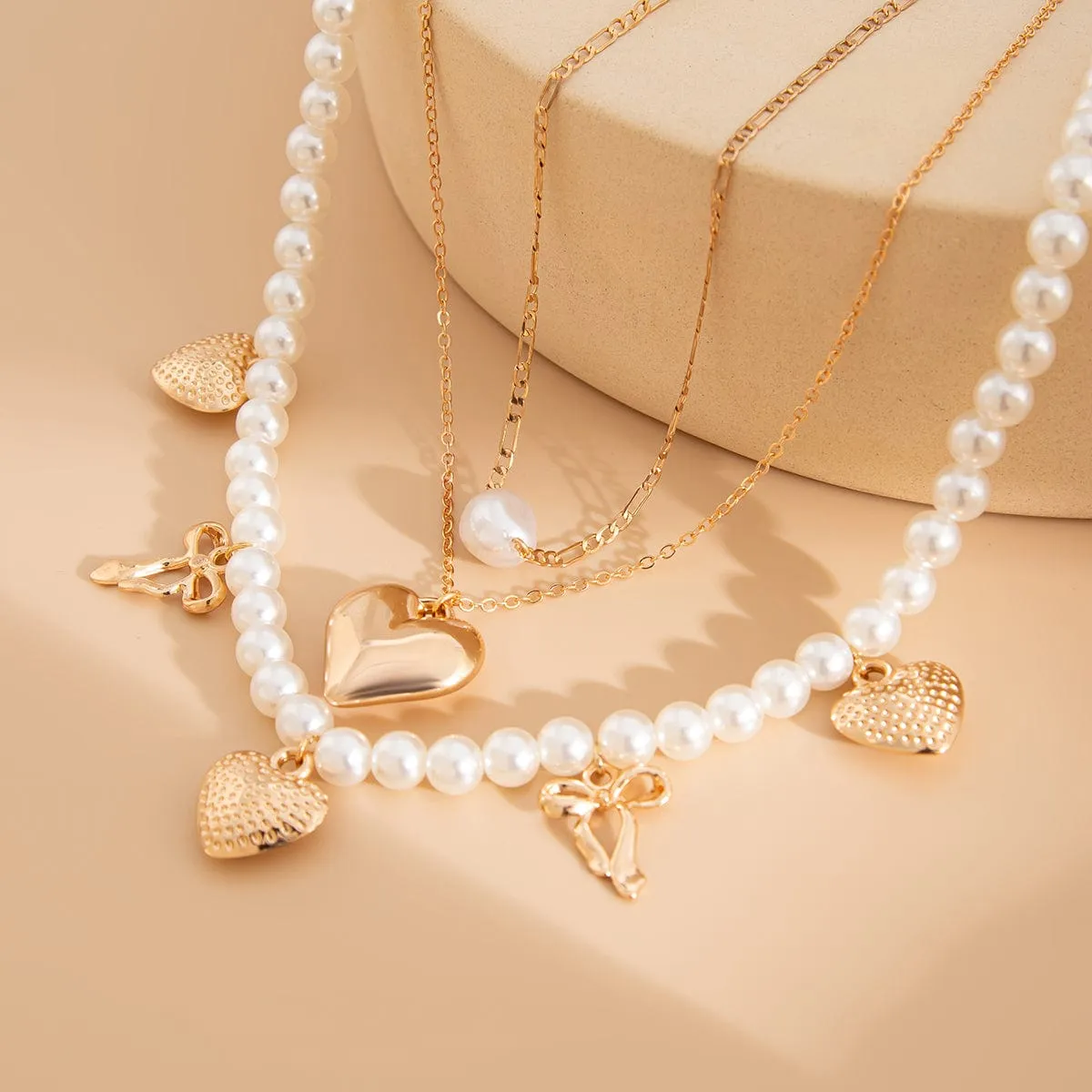 Trendy 3pcs Bowknot Heart Pendant Pearl Chain Necklace Set