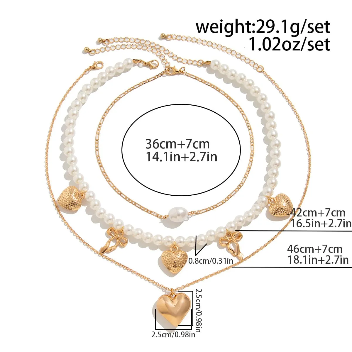 Trendy 3pcs Bowknot Heart Pendant Pearl Chain Necklace Set