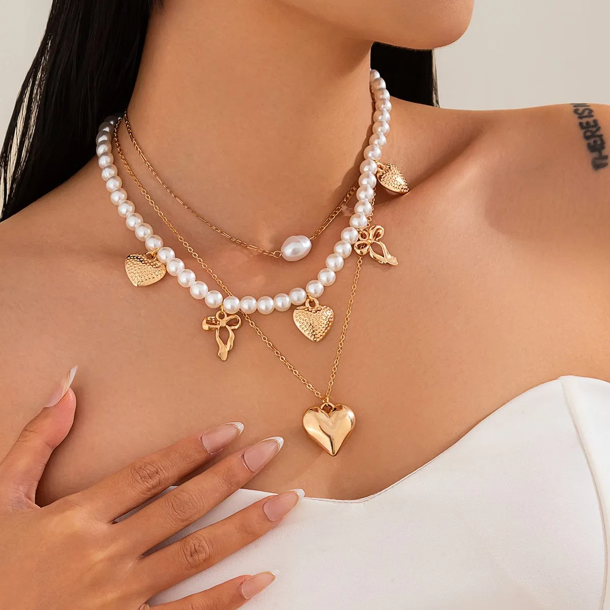 Trendy 3pcs Bowknot Heart Pendant Pearl Chain Necklace Set