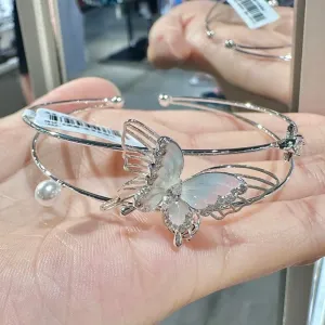 Trendy Crystal Inlaid Enamel Butterfly Pearl Charm Bangle Bracelet