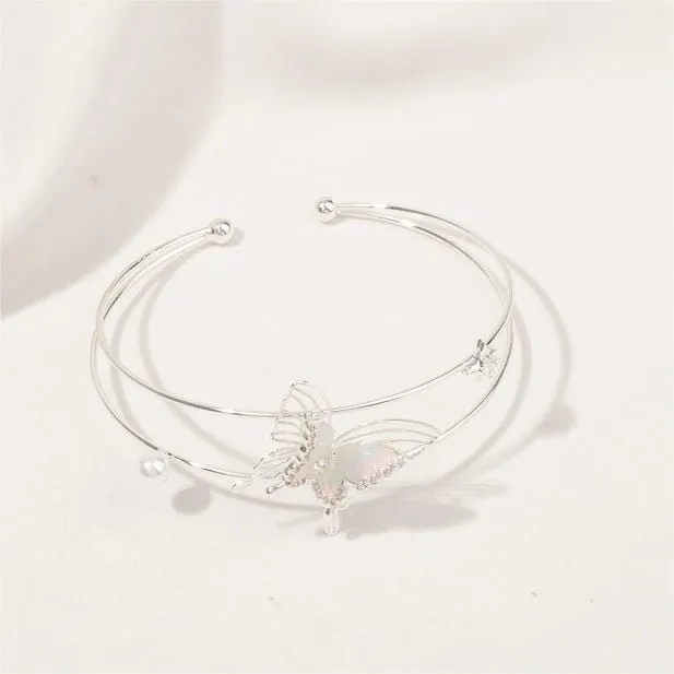 Trendy Crystal Inlaid Enamel Butterfly Pearl Charm Bangle Bracelet