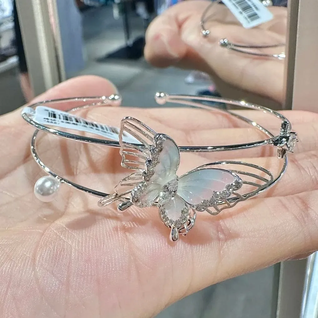 Trendy Crystal Inlaid Enamel Butterfly Pearl Charm Bangle Bracelet