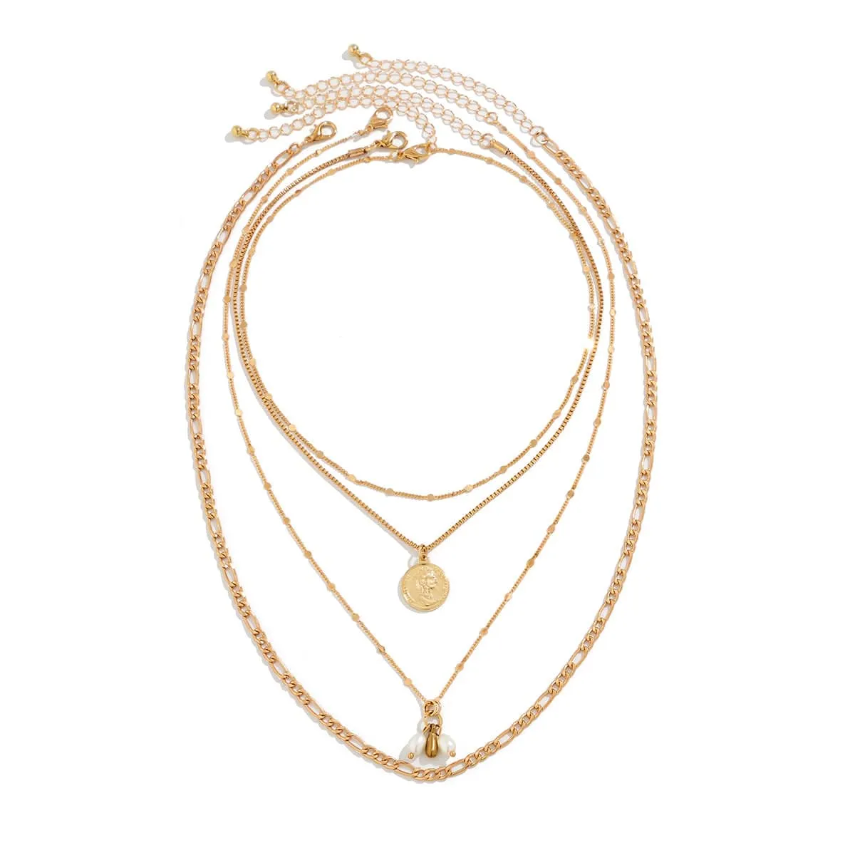 Trendy Layered Pattern Round Disk Pearl Pendant Curb Chain Necklace Set