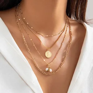 Trendy Layered Pattern Round Disk Pearl Pendant Curb Chain Necklace Set