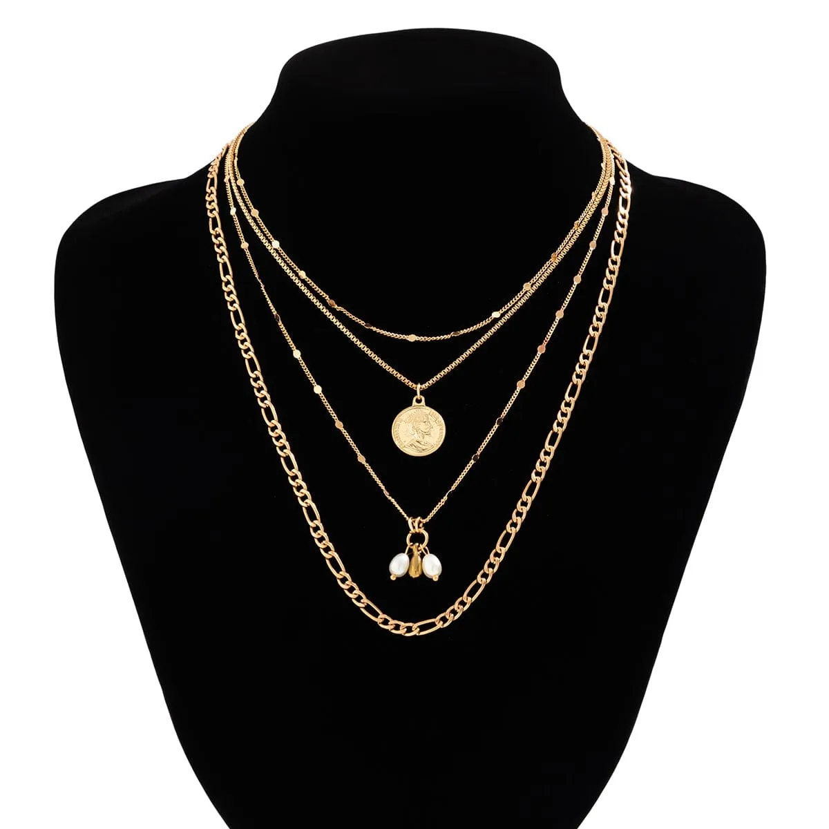 Trendy Layered Pattern Round Disk Pearl Pendant Curb Chain Necklace Set