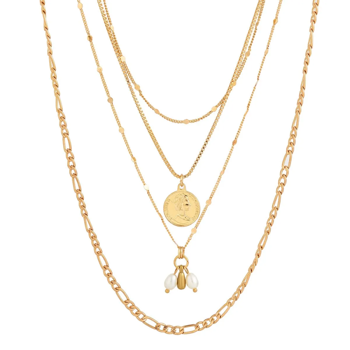 Trendy Layered Pattern Round Disk Pearl Pendant Curb Chain Necklace Set