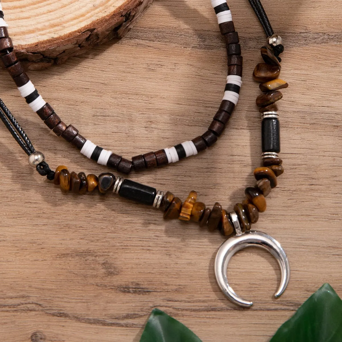 Trendy Layered Turquoise Moon Pendant Wood Bead Wax Cord String Necklace Set